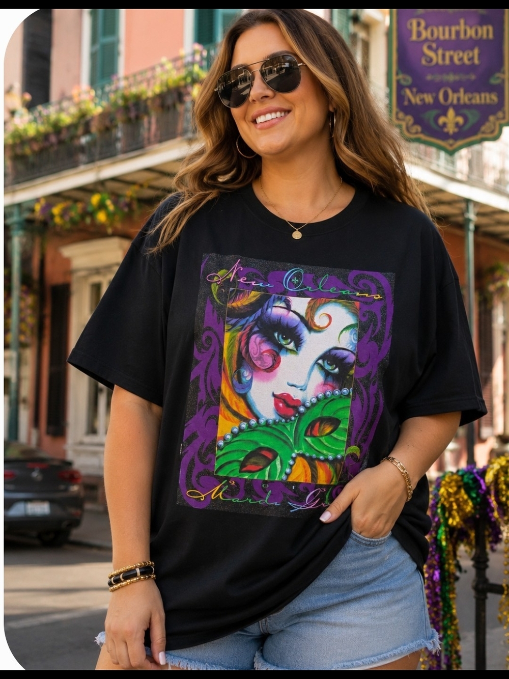 2013 New Orleans Mardi Gras Mask Graphic T-Shirt 2XL Black Colorful Festival Tee